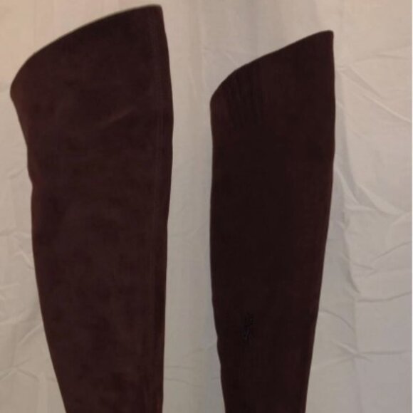 37.5/7❤️SAINT LAURENT Burgundy SUEDE Leather Low Heel OVER THE KNEE Tall BOOTS - Picture 5 of 11